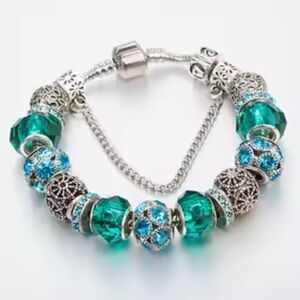 Silver & Aqua Beaded Charm Bracelet